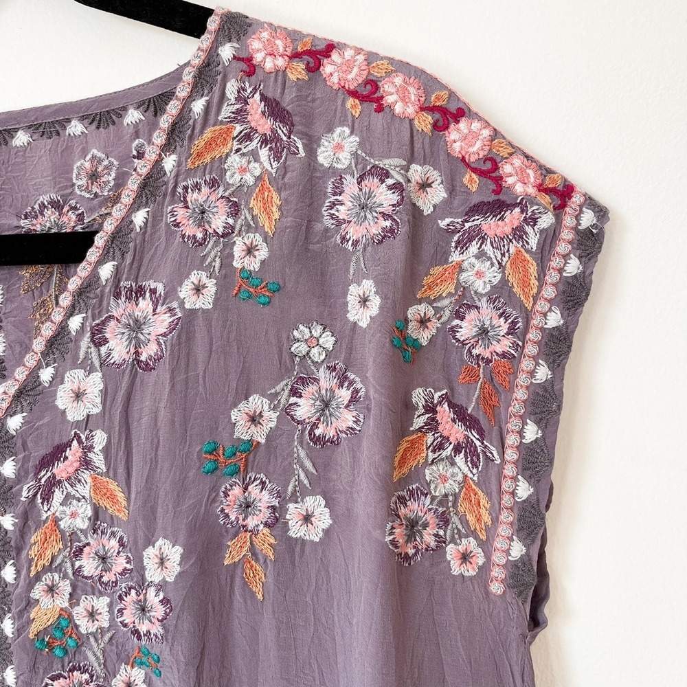 Sundance Ayla Purple Floral Embroidered V Neck Crinkle Shift Dress Womens XS - Picture 6 of 13